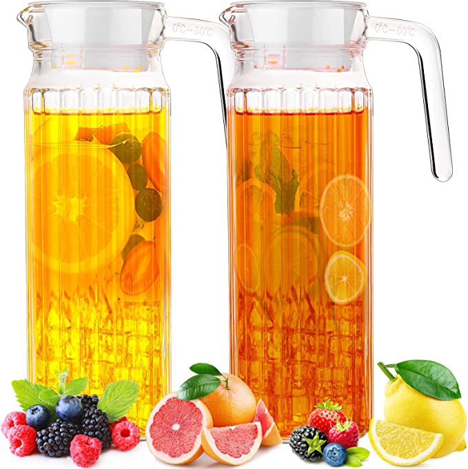 2 Pcs Glass Pitcher with Lid and Spout Ribbed Fridge Pitcher Clear Glass Water Pitcher with Handle Juice Containers with Lids for Fridge Water Jar Water Carafe Milk Jug for Iced Tea (40.58 oz)