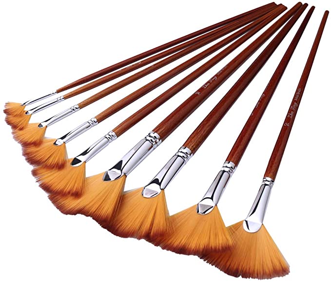 WODE Shop 9 Pieces Artist Fan Brushes Set, Nylon Hair Wood Long Handle Paint Brush for Acrylic Watercolor Oil Painting