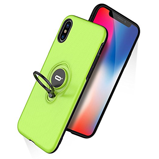 iPhone X Case With Ring Holder Kickstand, 360 Degrees Adjustable Ring Grip Stand Compatible with Magnetic Car Mount Anti-Fingerprint Slim Cover for Apple iPhone 10 2017 Release 5.8 inches, Green