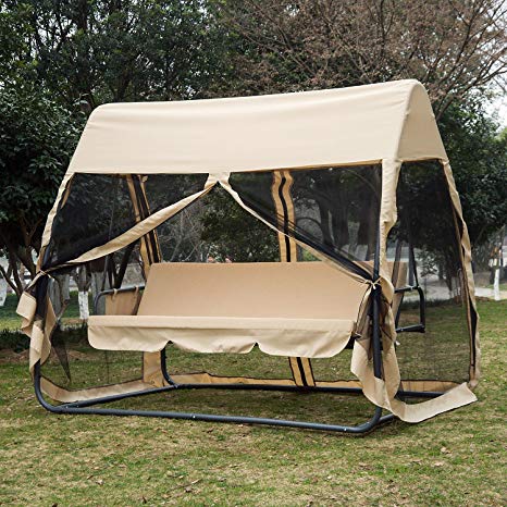 Outsunny 3 Seat Outdoor Covered Convertible Swing Chair Bed with Mosquito Netting