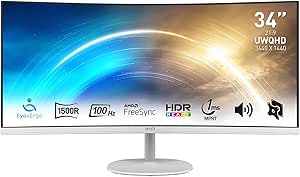 MSI Pro MP341CQW Écran Bureautique Incurvé 34" UWQHD - Dalle VA 1500R, 3440x1440, 100Hz, Confort Oculaire, Contraste 3000:1, 21:9, Haut-Parleurs Intégrés, DP 1.2a, HDMI 2.0b - Blanc