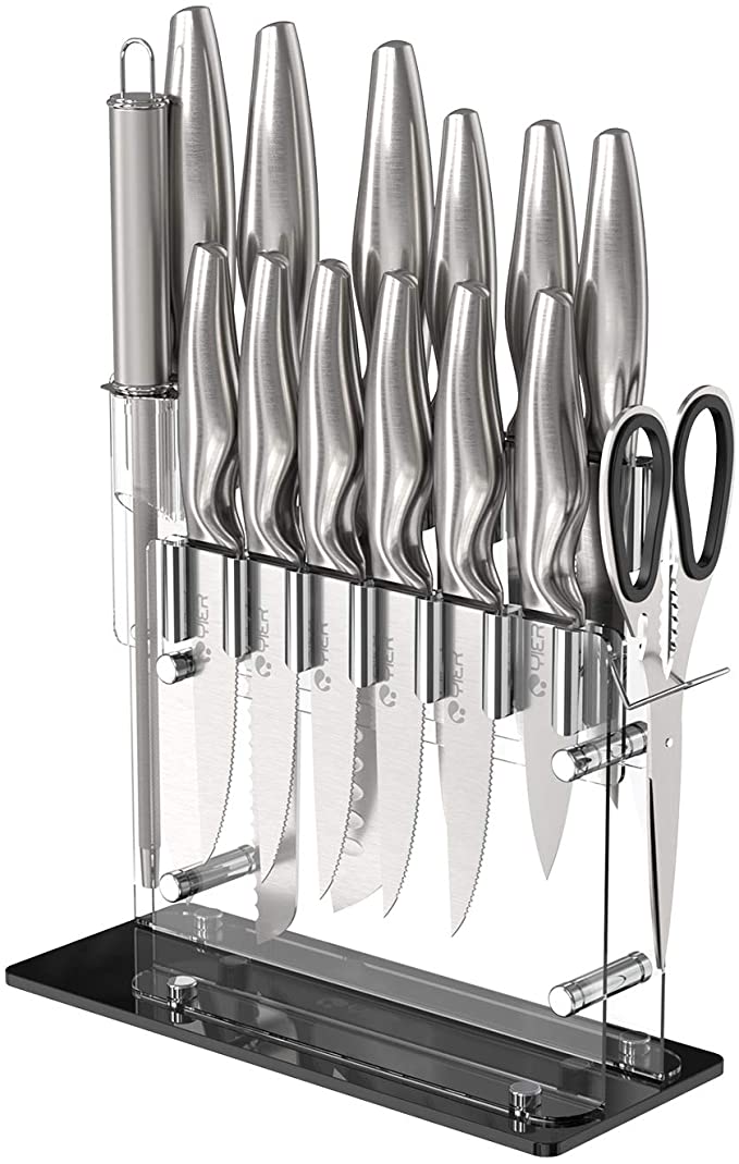 Knife Sets,15 Pieces German High Carbon Stainless Steel Hollow Handle Self Sharpening Kitchen Knife Set with Hardwood Block