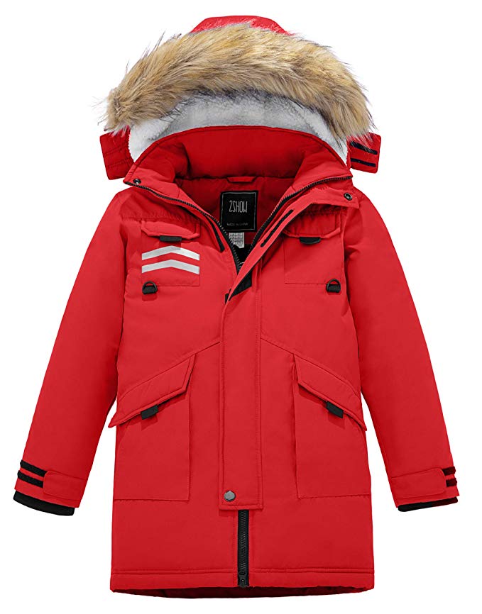 ZSHOW Boy's Long Winter Coat Thicken Quilted Parka Faux-Fur Trim Hooded Jacket