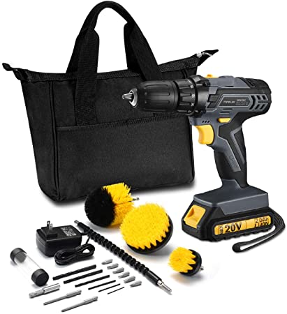 TOPELEK 20V Cordless Drill 2.0Ah Lithium-ion Battery Drill Driver, Drill Kit with 3 Drill Brushes, LED, 2-speeds, 18 1 Torque Settings, Portable Tool Bag, 22pcs Accessories