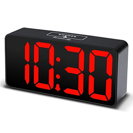 DreamSky Small LED Digital Alarm Clock with USB Port for Charging, Large Clear Red Digits Display, Loud Alarm, Adjustable Volume and Brightness, 12/24Hr, Simple Bedside Clock, Mains Powered