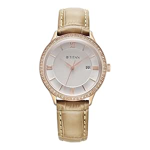 Titan Bright Leathers Silver Dial Analog with Date Leather Strap Watch for Women-NS95247WL04