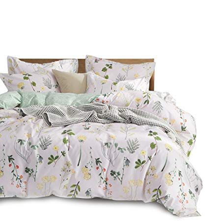 Joyreap 3 Pieces 100% Cotton Duvet Cover Sets, Hotel Quality Botanical Quilt Cover Sets with Zippers n Ties, Fresh Green Plants n Colorful Flowers Pattern, Soft Cozy for Fall/Winter (Leaves, Queen)