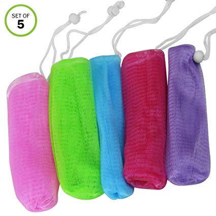 Evelots Exfoliating Soap Saver-Mesh Pouches-Bath/Shower-Hanging Cord-Save-Set/5