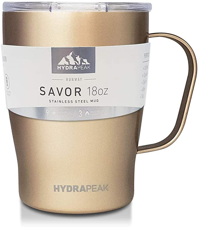 Hydrapeak 18oz Double Vacuum Insulated Coffee Mug. Stainless Steel Travel Mug, Tumbler Coffee Cup with Lid and Integrated Handle (18oz, Champagne)