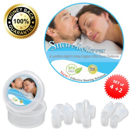 Snore Reliever - Premium Set of 6 with 2 Designs and 4 Sizes to Ensure a Secure Fit in Any Nasal Passages - The Best Solution to Prevent Snoring and Sleep Apnea and Solving Deviated Septum Problems