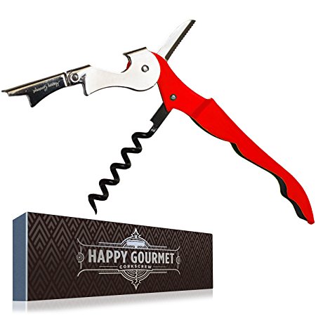 Waiters Corkscrew by Happy Gourmet Kitchenware - All-in-one Wine Corkscrew, Opener, Bottle Opener and Foil Cutter (Red)