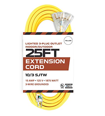 25 Foot Lighted Outdoor Extension Cord with 3 Electrical Power Outlets - 10/3 SJTW Yellow 10 Gauge Extension Cable with 3 Prong Grounded Plug for Safety