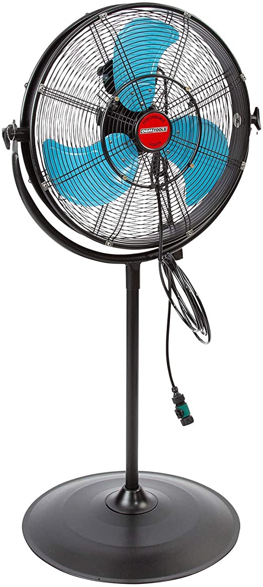 OEMTOOLS 23978 20 Inch High-Velocity Misting Pedestal Tilt Fan, Outdoor Water and Dust-Resistant Cooling Option, 5400 CFM, GFCI Plug, Ideal for Jobsites, Restaurants, Patios, and More