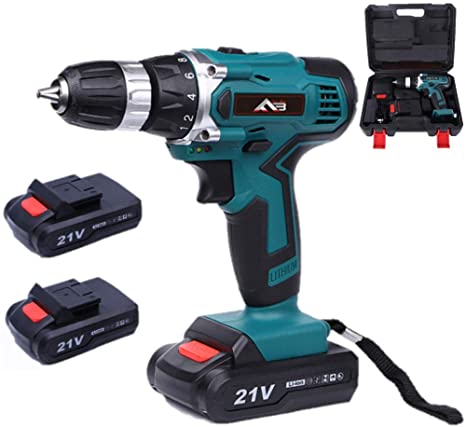 Flybiz 21V 1650 /min Professional Industrial Chargable Cordless Drill Driver with 2pcs 1500mAh Li-ion Battery, 1 Hr Fast Charger, 2 Speed Compact Electrical Drill