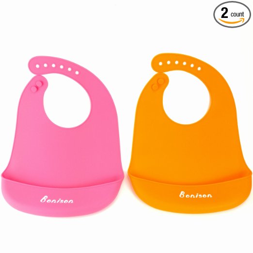 Bonison Top Quality Soft Silicone Bib Waterproof Baby Bib 2 Pack (0-5 Year) (Blue, Green, Pink, & Orange Variety Sets)