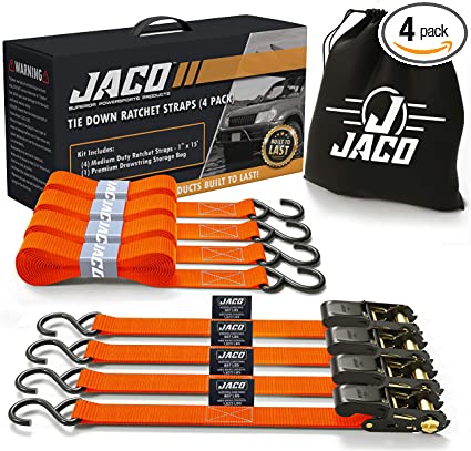 JACO Ratchet Tie Down Straps (4 Pack) - 1 in x 15 ft | AAR Certified Break Strength (1,823 lbs) | Cargo Tie Down Set with (4) Utility Ratchet Straps, (4) Bundling Straps, and Accessories (Orange)