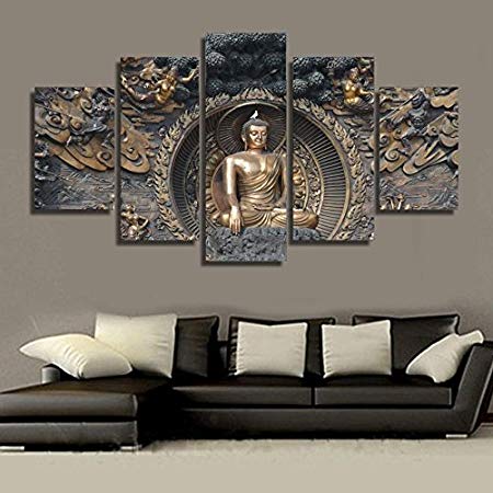 PEACOCK JEWELS [Medium] Premium Quality Canvas Printed Wall Art Poster 5 Pieces / 5 Pannel Wall Decor Gautama Buddha Painting, Home Decor Pictures - Stretched