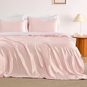 Bedsure Satin Duvet Cover Queen Size, Luxury Silk Like Crystal Pink Queen Duvet Cover Set, 3 Piece, Ultra Soft and Breathable Bedding Comforter Cover with Zipper Closure and 2 Pillow Shams