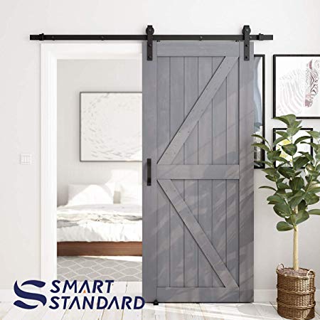 SMARTSTANDARD 36in x 84in Sliding Barn Door with 6.6ft Barn Door Hardware Kit & Handle, Pre-Drilled Ready to Assemble, DIY Unfinished Solid Cypress Wood Panelled Slab, K-Frame, Grey