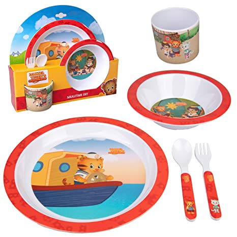 Daniel Tiger 5 Pc Mealtime Feeding Set for Kids and Toddlers - Includes Plate, Bowl, Cup, Fork and Spoon Utensil Flatware - Durable, Dishwasher Safe, BPA Free (Red)
