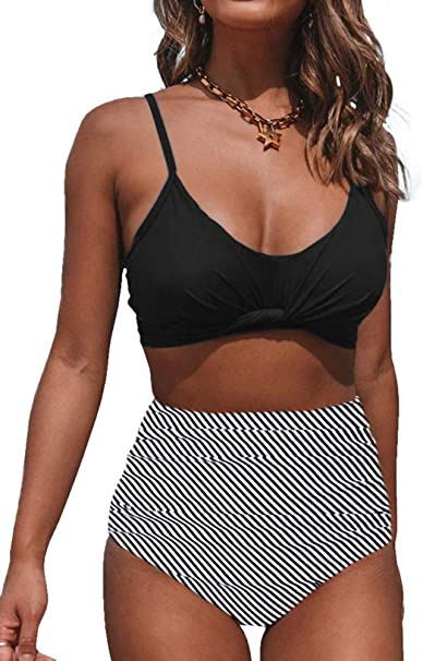 Ferbia Women Strappy Bikini Set Floral High Waisted Ruched Swimsuits 2 Piece Wrap Bandage High Rise Swimwear