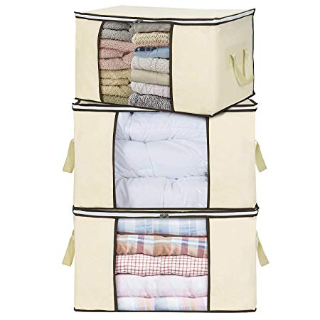 Lifewit Large Capacity Clothes Storage Bag Organizer with Reinforced Handle Thick Fabric for Comforters, Blankets, Bedding, Foldable with Sturdy Zipper, Clear Window, 3 Pack, 90L, Beige