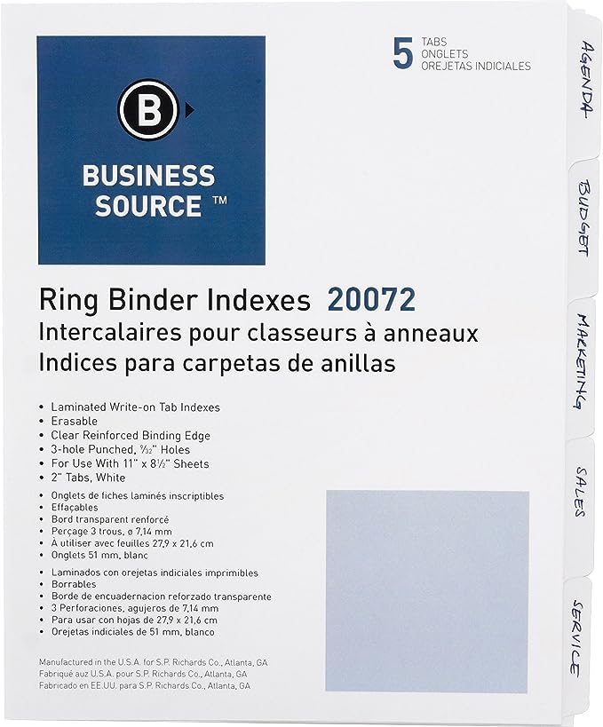 Business Source 3-Ring Plain Index Divider - Set of 5 Tabs - White
