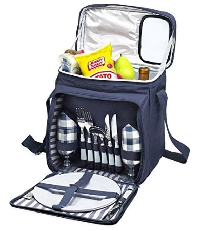 Blue Insulated Picnic Basket - Lunch Tote Cooler Backpack w/ Flatware Two Place Setting