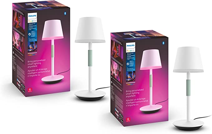 Philips Hue 2-Pack Go Portable Table Lamp for Indoor & Outdoor Use, White and color Ambiance, Compatible with Alexa, Apple HomeKit and Google Assistant, White