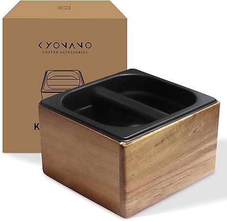 KYONANO Espresso Knock Box, Espresso Accessories, Coffee Knock Box with Durable Knock Bar and Non-Slip Base, Made of Natural Acacia Wood and Stainless Steel, Knock Box for Breville Machine Accessories