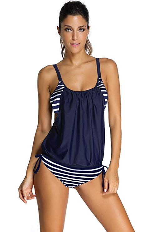 EVALESS Women Stripes Print Sporty Double Up Layered Two Piece Tankini Sets Swimsuits