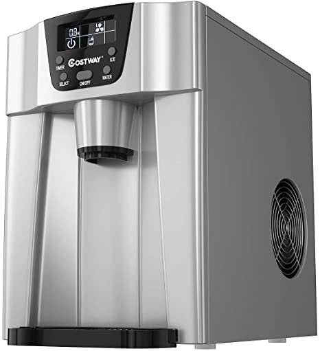 COSTWAY 2 in 1 Countertop Ice Maker with Built-in Water Dispenser, Produces 36 lbs Ice in 24 Hours, Ready in 6 Mins, with LCD Control Panel, Portable Ice Cube Machine for Home, Bar, Party (Silver)