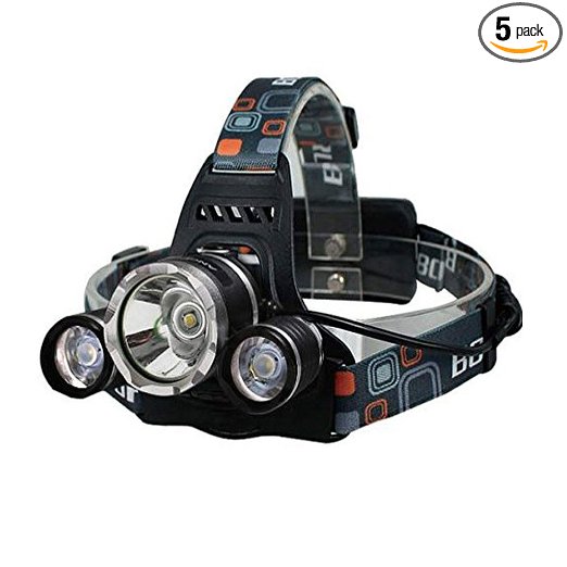 Headlamp 5000 lumens Bright Headlight Headlamp Flashlight Torch 3 CREE XML T6 LED with Rechargeable Batteries and Wall Charger for Hiking Camping Riding Fishing Hunting