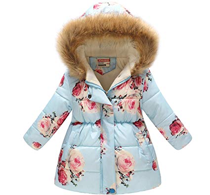 Miss Bei Girl's Kids Toddler Winter Flower Print Parka Outwear Down Coat Warm Cotton Coat Hooded Jacket
