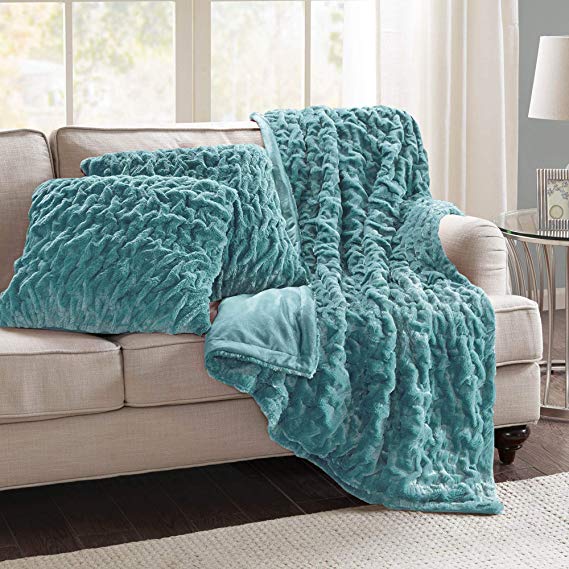 Comfort Spaces Faux Fur Throw Blanket Set – Fluffy Plush Blankets for Couch and Bed – Teal Size 50" x 60" with 2 Square Pillow Covers 20" x 20"