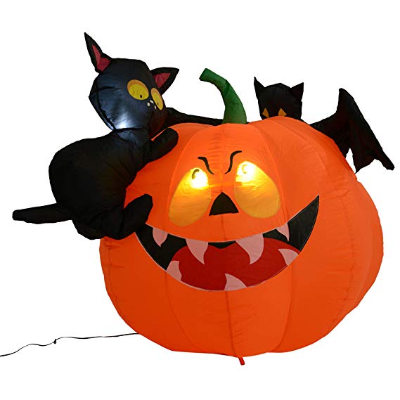 HOMCOM 3’ LED Outdoor Halloween Inflatable Decoration - Bat, Cat, and Fanged Pumpkin