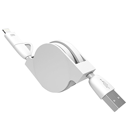 Lamyik 3.3ft Retractable 2 in 1 Cable with Lightning and Micro USB Connector, High Speed Charging and Sync Transfer Cable, Compatible for iPhone 6 / 6s Plus, Samsung Galaxy and More (White)