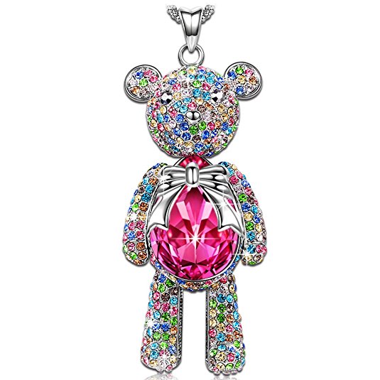 QIANSE "Bear Princess" Teddy Bear Necklace Made with Swarovski Crystals - Cute Animal Series!