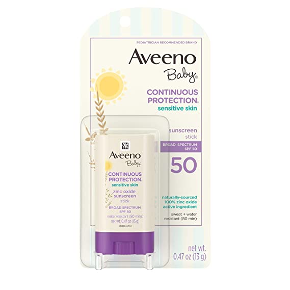 Aveeno Baby Continuous Protection Sensitive Skin Mineral Sunscreen Stick with Broad Spectrum SPF 50 Protection for Face & Body, Naturally Sourced 100% Zinc Oxide, Travel Size, 0.47 oz