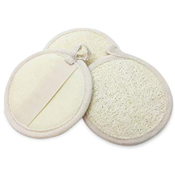 Loofah Pads, Round, Large-3 pack 100% All-Natural Luffa Sponges/Scrubbers with Elastic Handle and Terry Cloth Back to Buff and Exfoliate Face and Body in Bath Spa or Shower by Bare Essentials Living