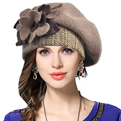 VECRY Lady French Beret 100% Wool Beret Floral Dress Beanie Winter Hat