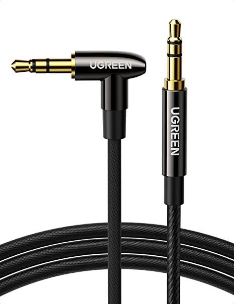 UGREEN Aux Kabel Auto 3.5mm Klinkenkabel mit 90 Grad Winkel Stecker kompatibel mit Auto Audiosystem, TV, Soundbar, Lautsprecher, Handy, Kopfhörer usw. (3m)