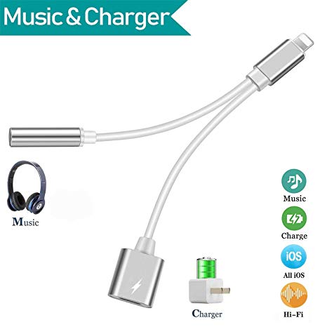 for iPhone Headphone Jack Adapter 2 in 1 to 3.5mm dongle Splitter Connector AUX Audio Stereo Car Charger iPhone Dongle Headphone Adapter for iPhone 7/8/8Plus/X/XS/XR Compatible with IOS11/12- Silver