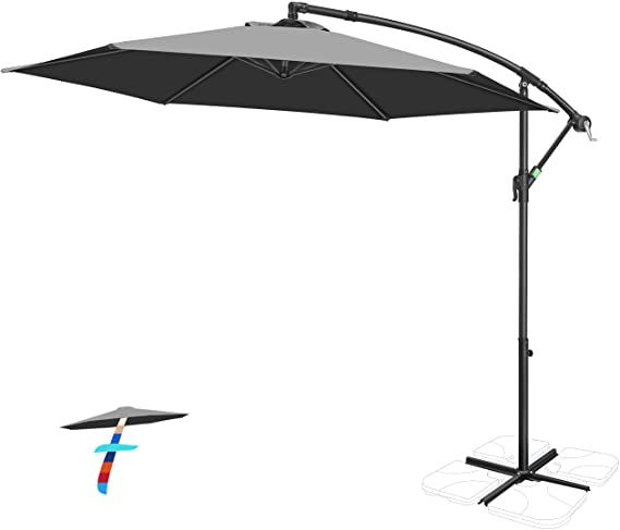 FRUITEAM 10Ft Offset Patio Umbrella, Cantilever Hanging Umbrellas, Outdoor Umbrella Large Market Umbrella with Crank & Cross Base, Waterproof UV Protection UPF50  for Garden/Pool/Back