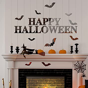 26 Pieces Happy Halloween Acrylic Mirror Stickers Mirror Wall Decal Stickers Halloween Stickers Halloween Bat Spider Witch Mirror Decals Removable for Party Decor Living Room Bedroom Kitchen, Black