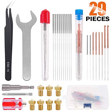 Rustark 29 Pack 3D Printer Nozzles Cleaner Tool Kit, E3D Brass Extruder Nozzle Print Head 6 Sizes Cleaning Needle with Screwdriver Spanner for Extruder Nozzle Replace Cleaning Removing