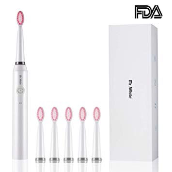 Mr.White Sonic Toothbrush Rechargeable Electric Toothbrush 3 Modes Waterproof 6 Replacement Heads with Smart Timer (White)