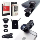 Universal 3-in-1 Camera Lens Kit for iPhone 6 Plus iPad and other Mobile Devices - Wide Angle  Macro  Fisheye High Quality Optical GlassIncreased Transparency - Protective Bag and Clip