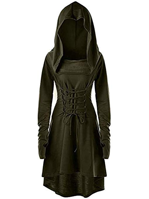 Womens Renaissance Costumes Hooded Robe Lace Up Halloween Medieval Cosplay Cloak Vintage High Low Pullover Dress