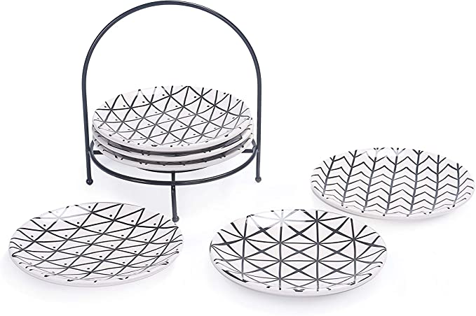 Bico Linear Black and White 6 inch Ceramic Appetizer Plate with Rack, Set of 7, for Salad, Appetizer, Snacks, Plates Microwave & Dishwasher Safe